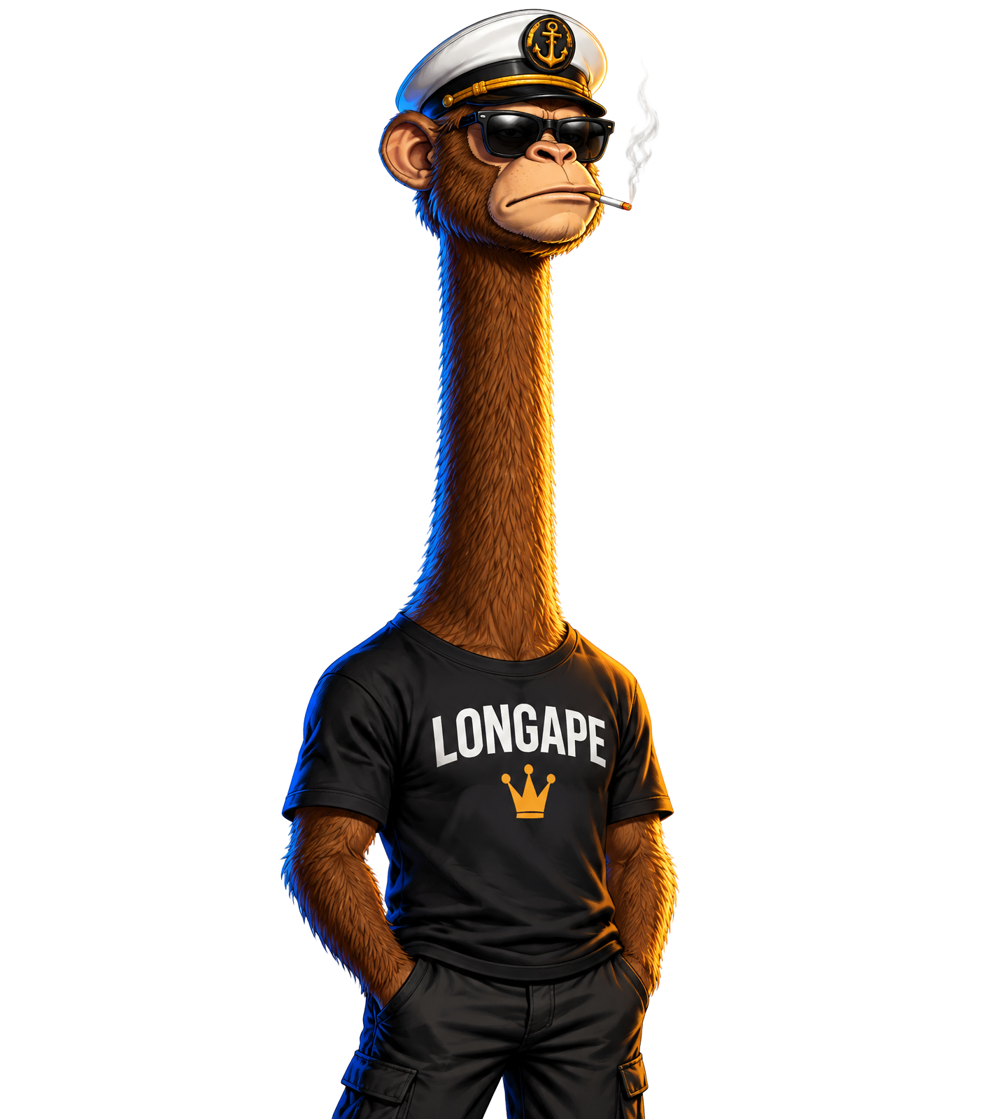 LONGAPE, a very long-necked brown ape in sunglasses and a captain hat